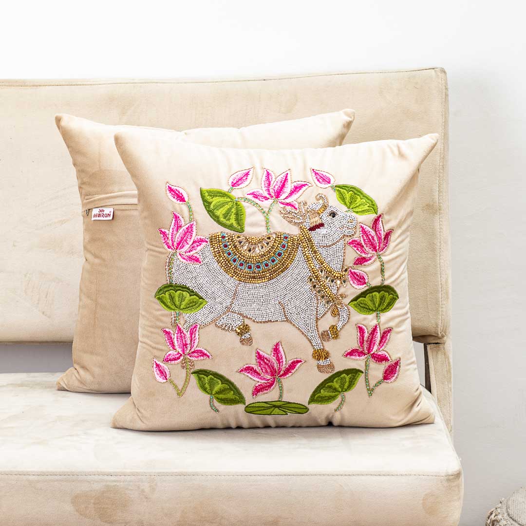 Premium Royal Cow &amp; Lotus Ring Cushion Cover