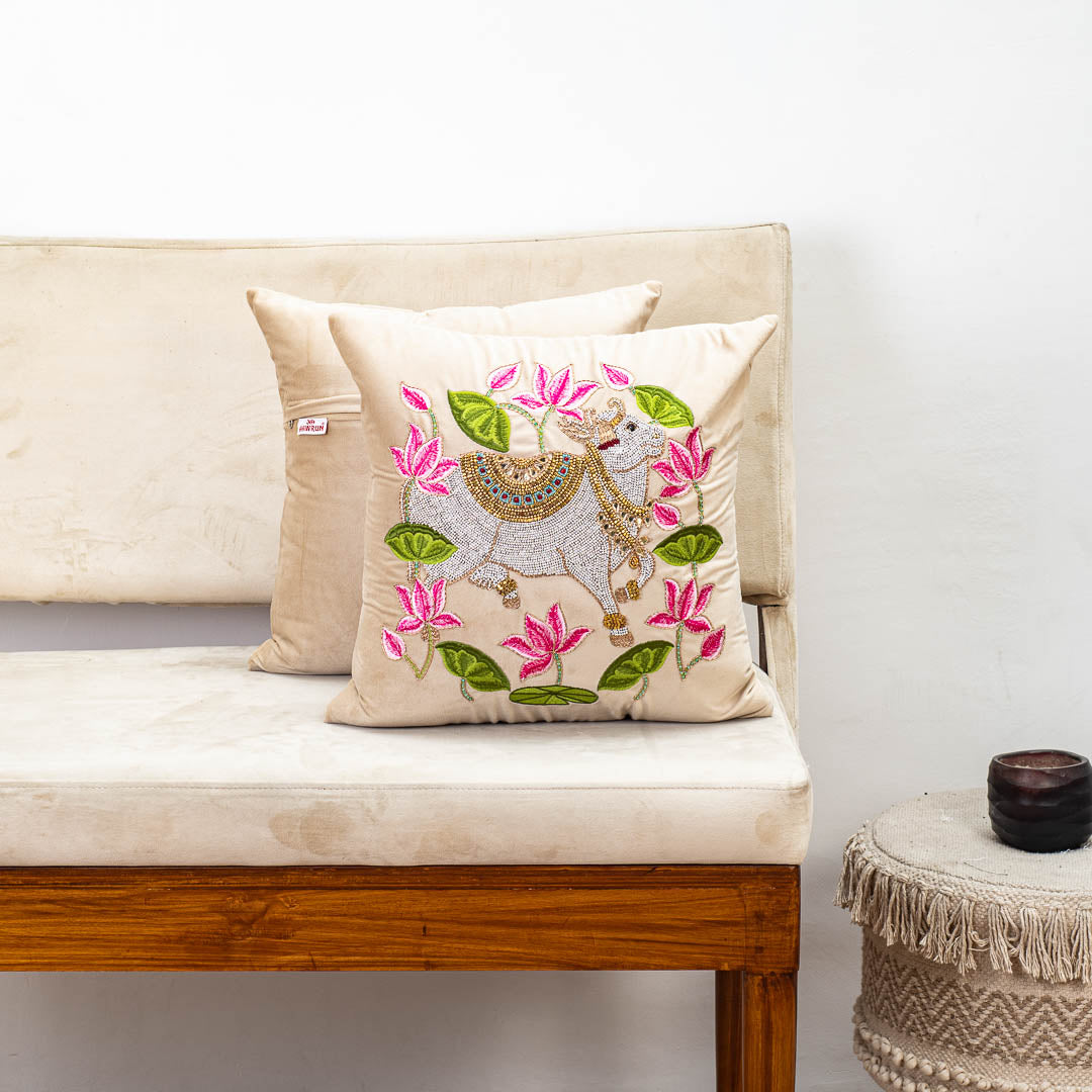 Premium Royal Cow &amp; Lotus Ring Cushion Cover