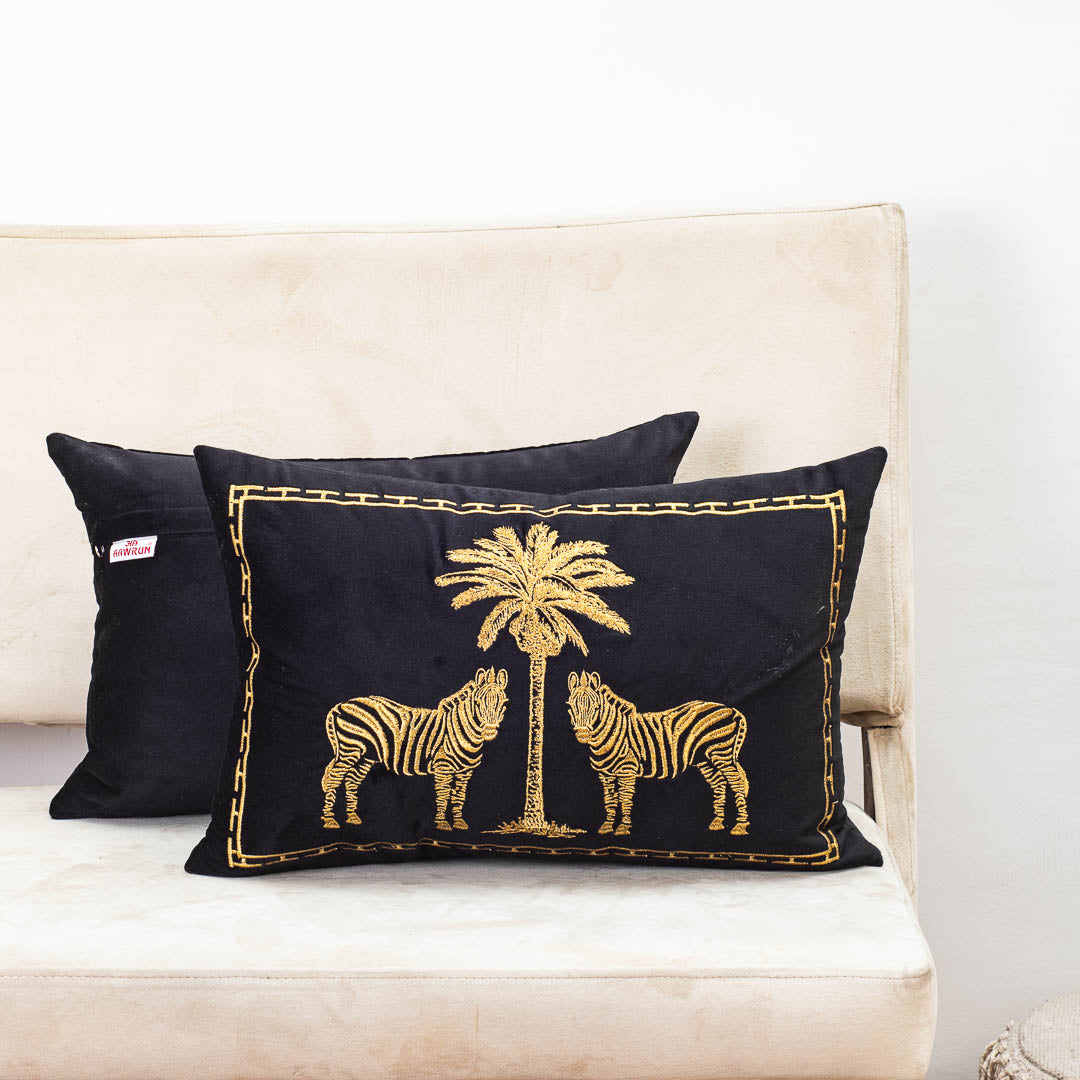 Premium Zebra &amp; Palm Tree Embroidery Cushion Cover