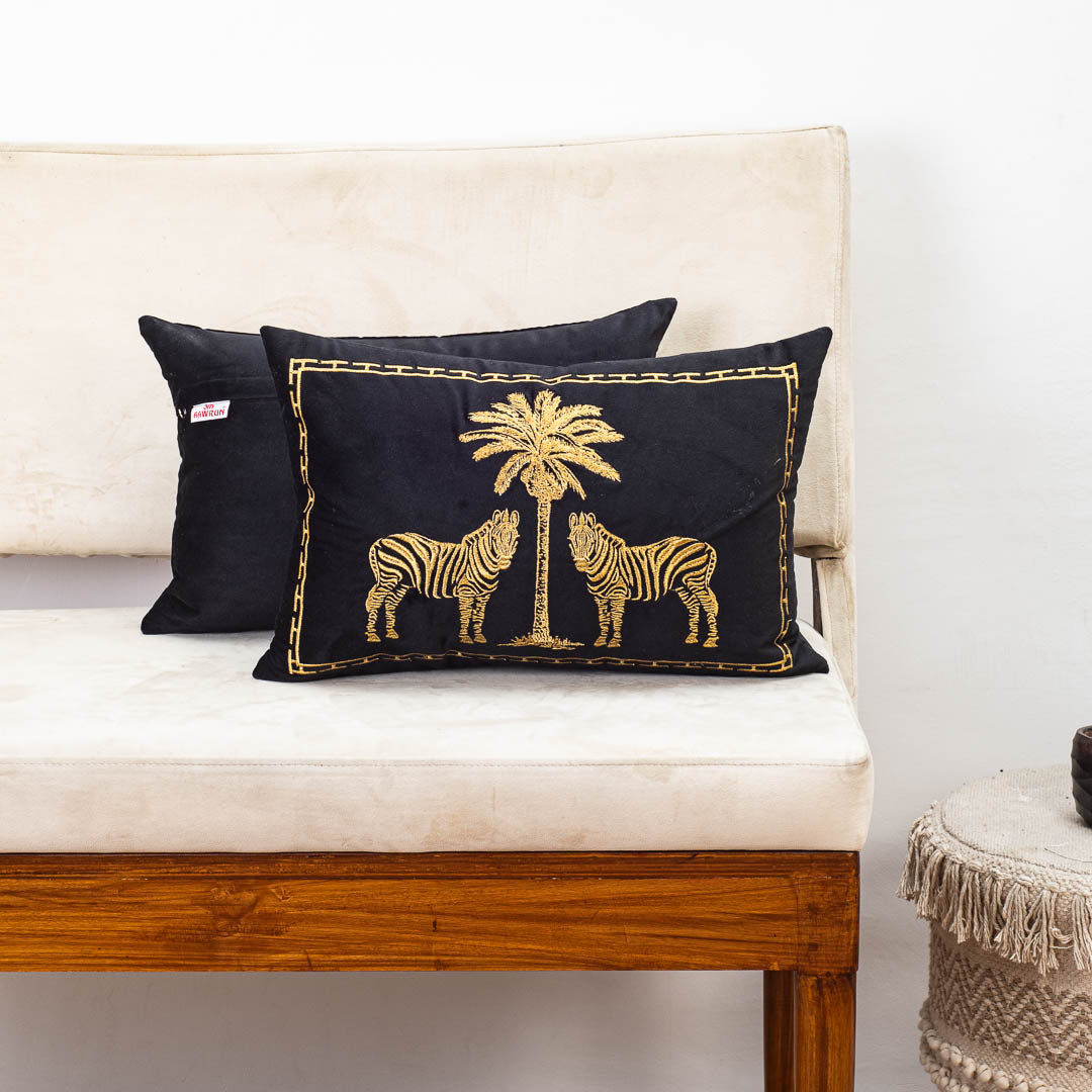 Premium Zebra &amp; Palm Tree Embroidery Cushion Cover
