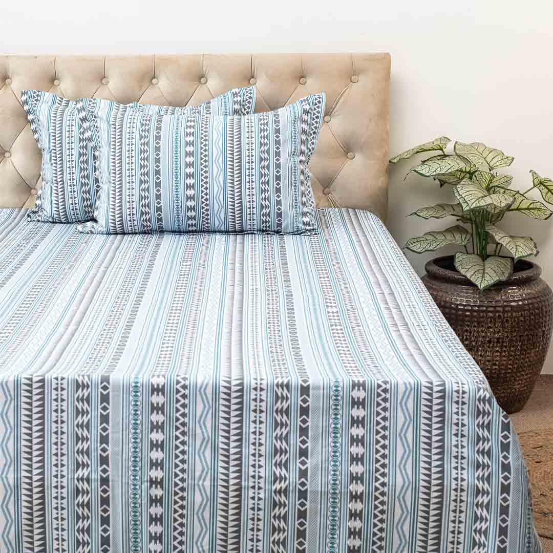 Premium King Size Blue Cotton Percale Print (1+2) Bed Cover Comes With Two Pillow Cover Design Three