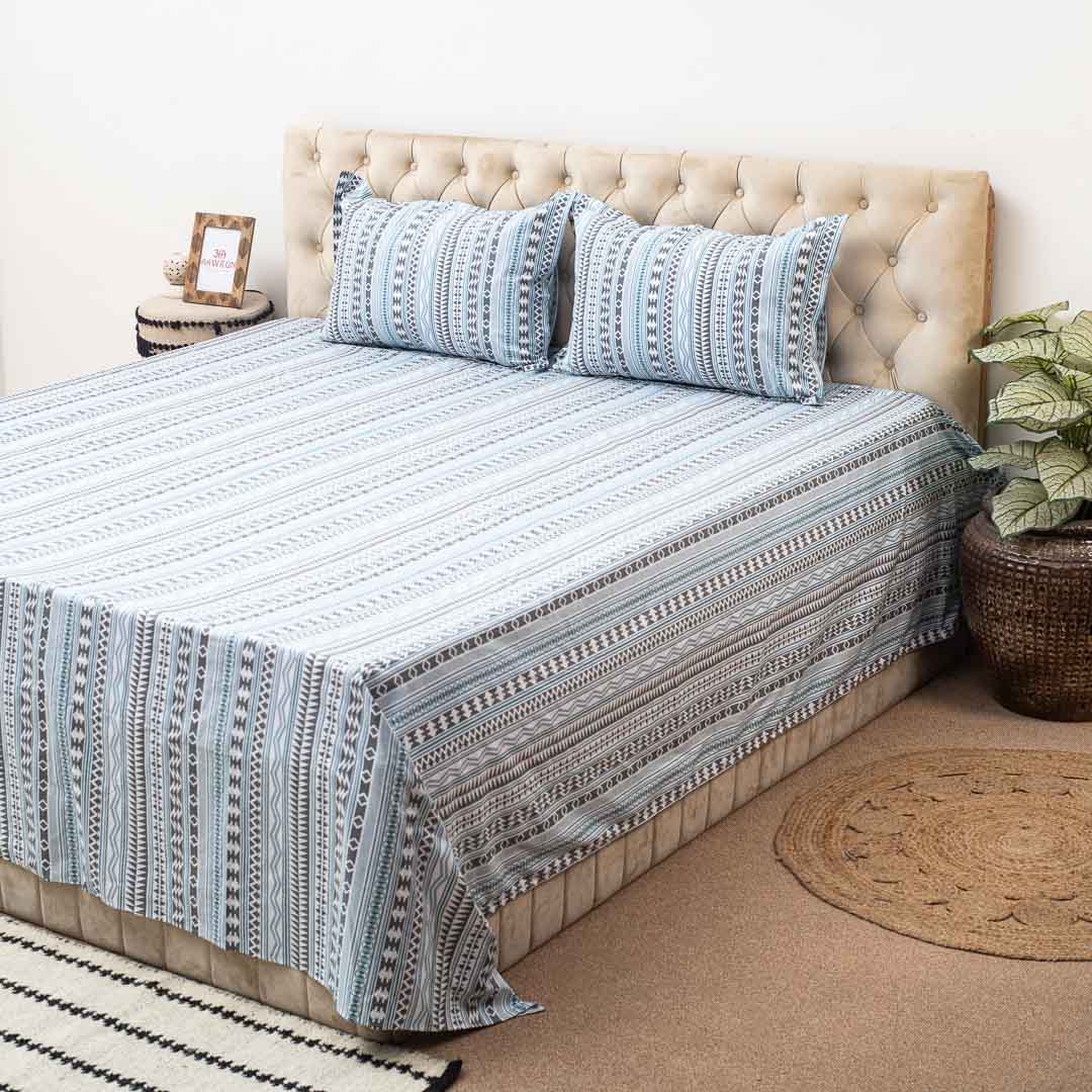 Premium King Size Blue Cotton Percale Print (1+2) Bed Cover Comes With Two Pillow Cover Design Three