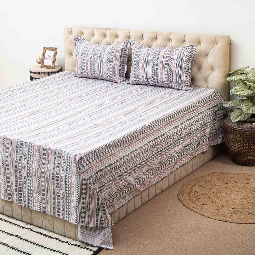 Premium King Size Cotton Percale Print (1+2) Bed Cover Comes With Two Pillow Cover Design Two