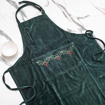 Premium Velvet Embroidery Green Apron