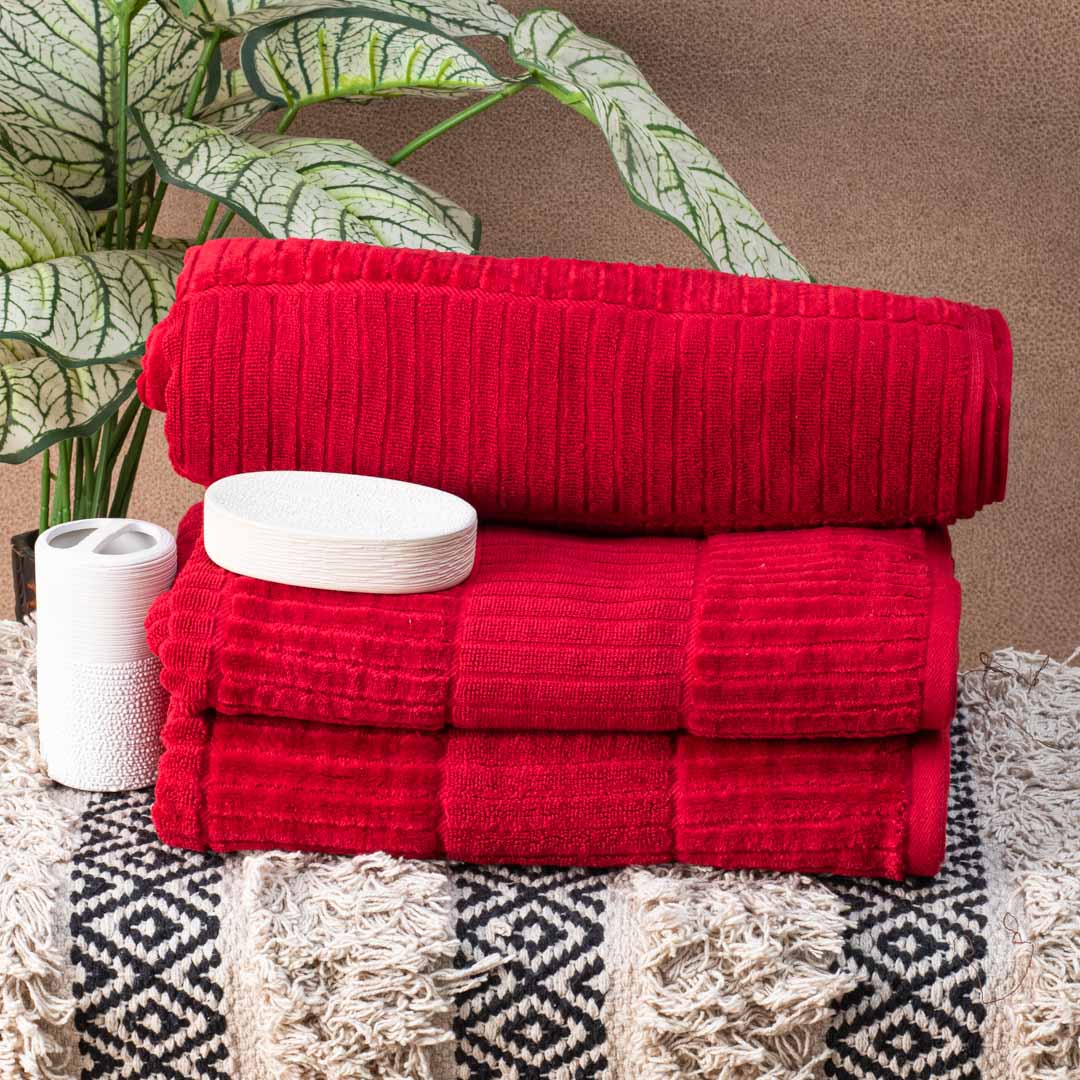 Premium Textured Ruby Red Bath Towel Design Three