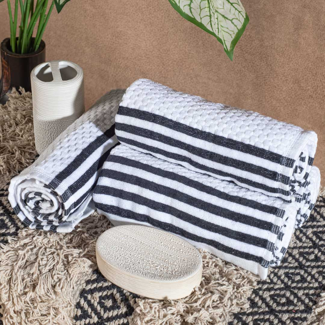 Premium Black & White Stripe Terry Hand Towel Design One