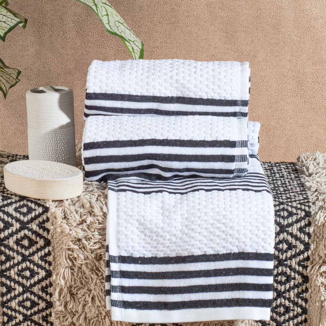 Premium Black & White Stripe Terry Hand Towel Design One
