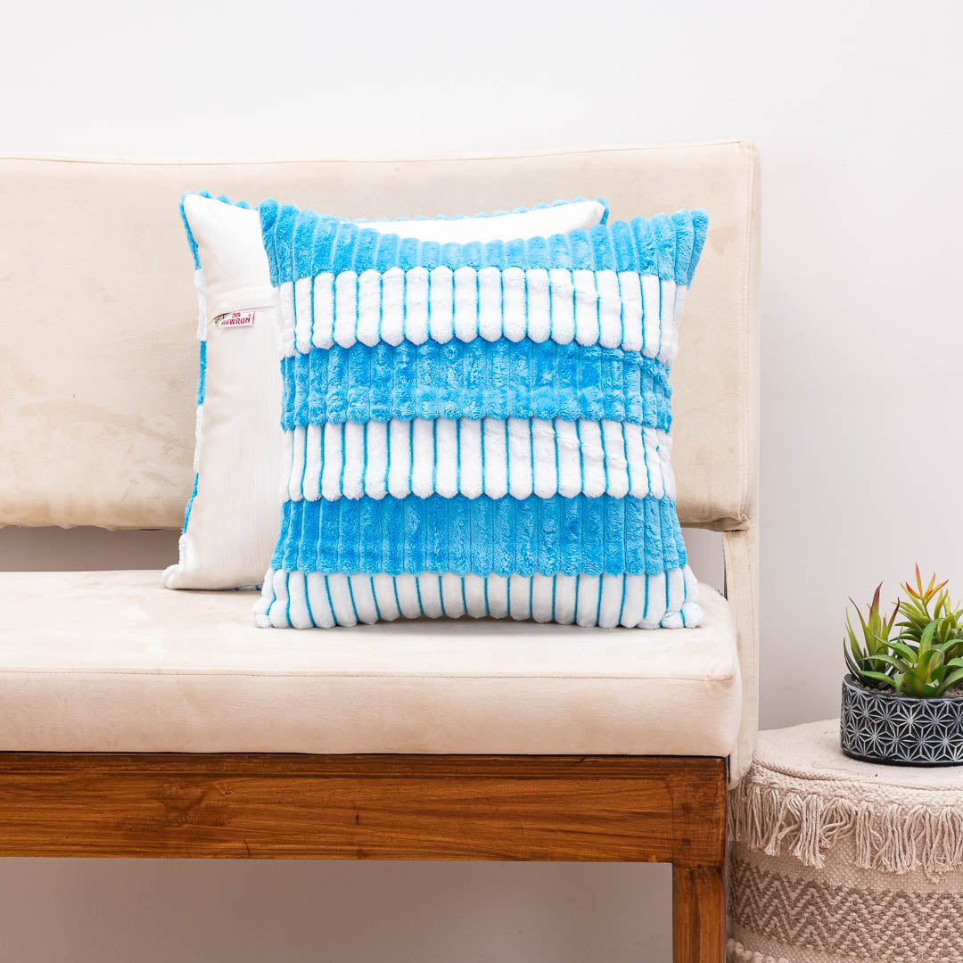StripeFur Blue-White Fur Velvet Cushion Cover – 16x16 Inch Stylish Home Décor
