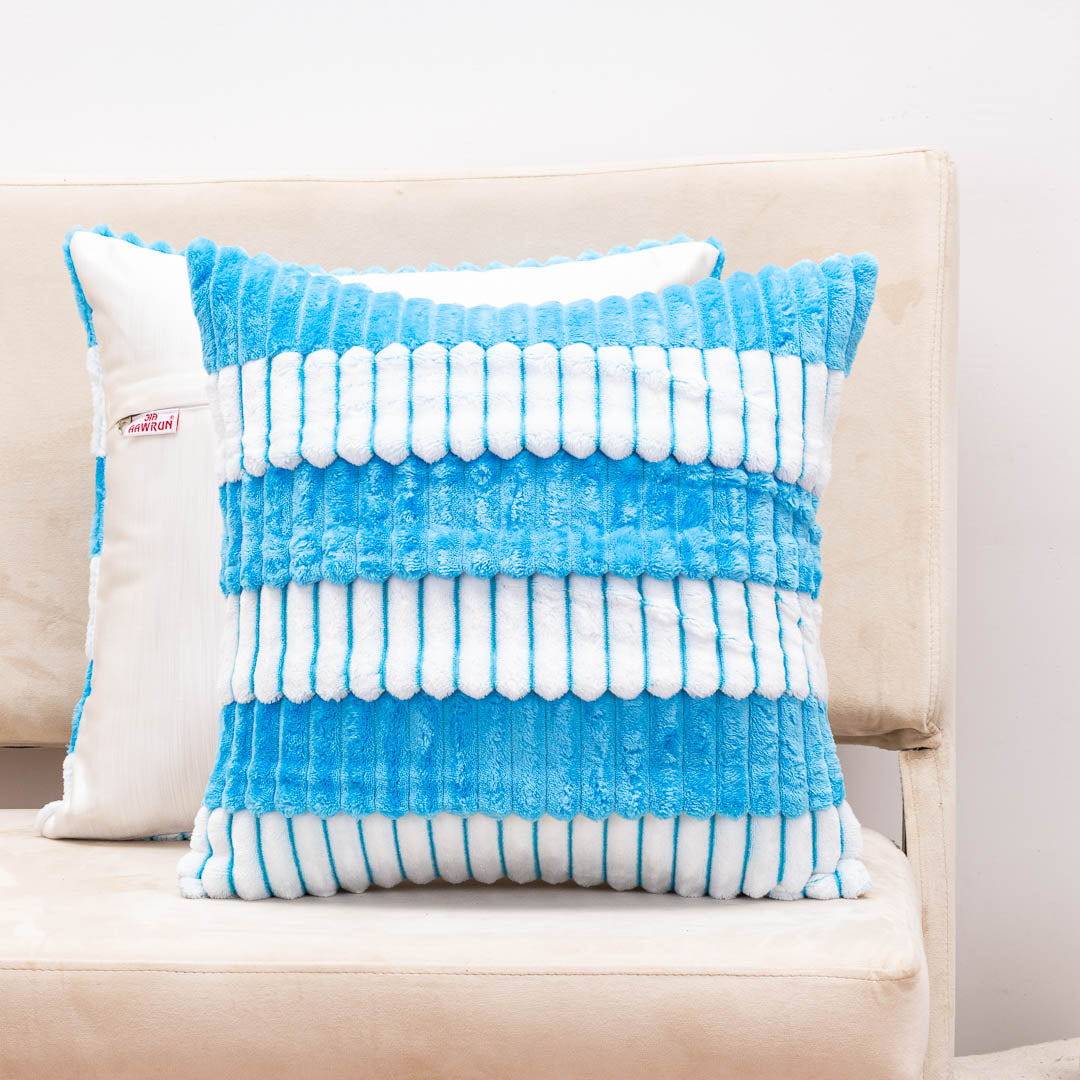 StripeFur Blue-White Fur Velvet Cushion Cover – 16x16 Inch Stylish Home Décor