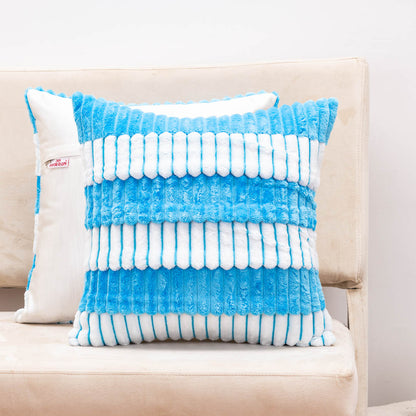 StripeFur Blue-White Fur Velvet Cushion Cover – 16x16 Inch Stylish Home Décor