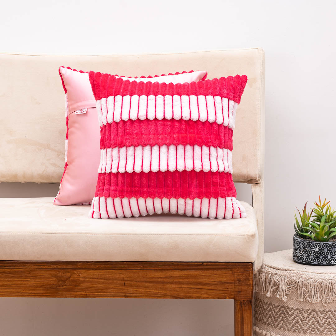 StripeFur Pink-White Fur Velvet Cushion Cover – 16x16 Inch Stylish Home Décor