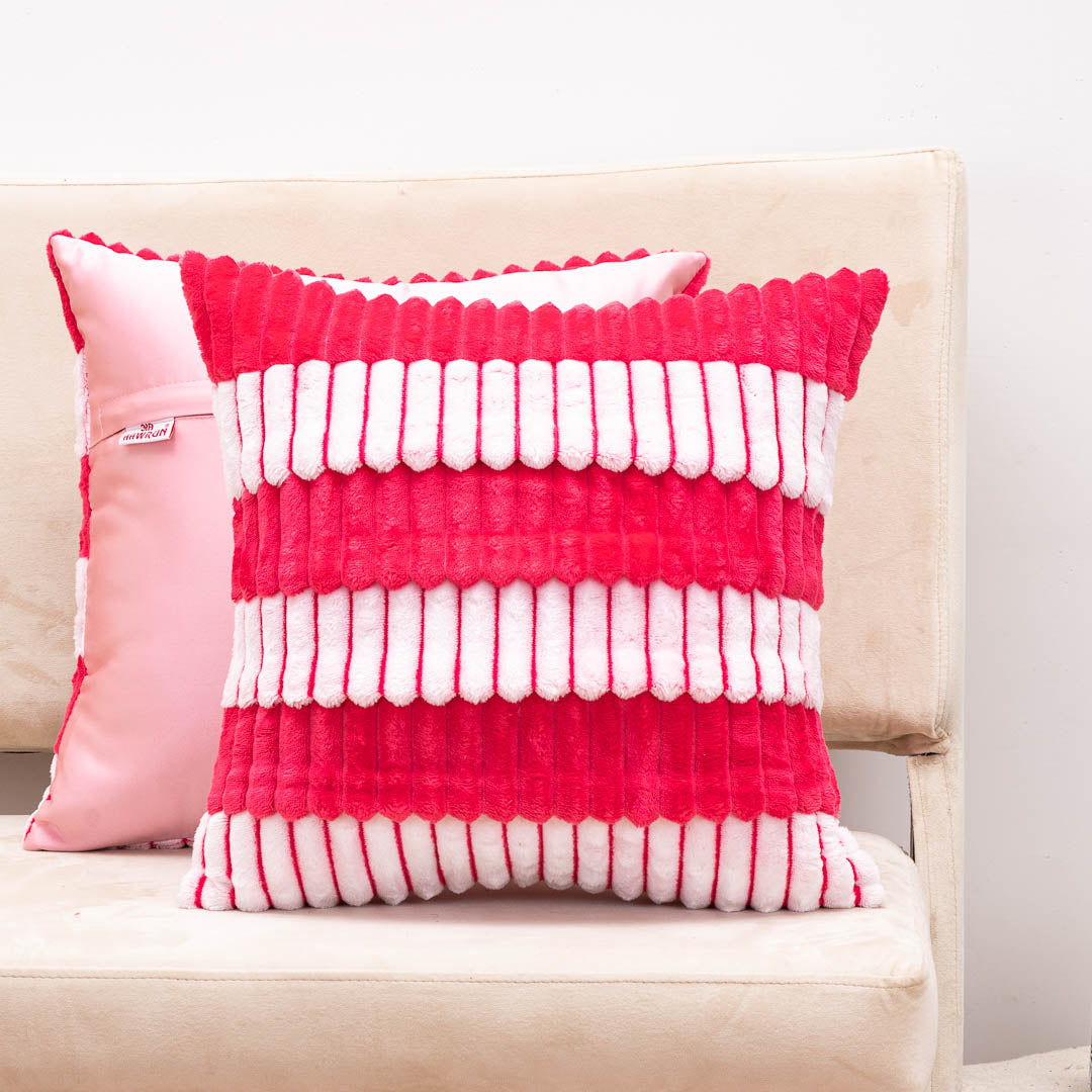 StripeFur Pink-White Fur Velvet Cushion Cover – 16x16 Inch Stylish Home Décor