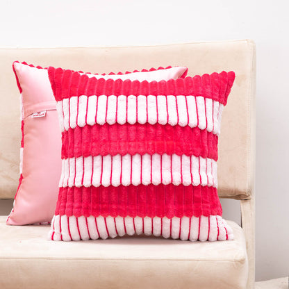 StripeFur Pink-White Fur Velvet Cushion Cover – 16x16 Inch Stylish Home Décor