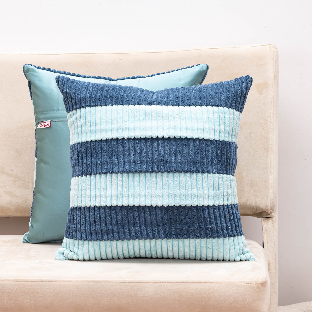 StripeFur Blue-Aqua Fur Velvet Cushion Cover – 16x16 Inch Stylish Home Décor
