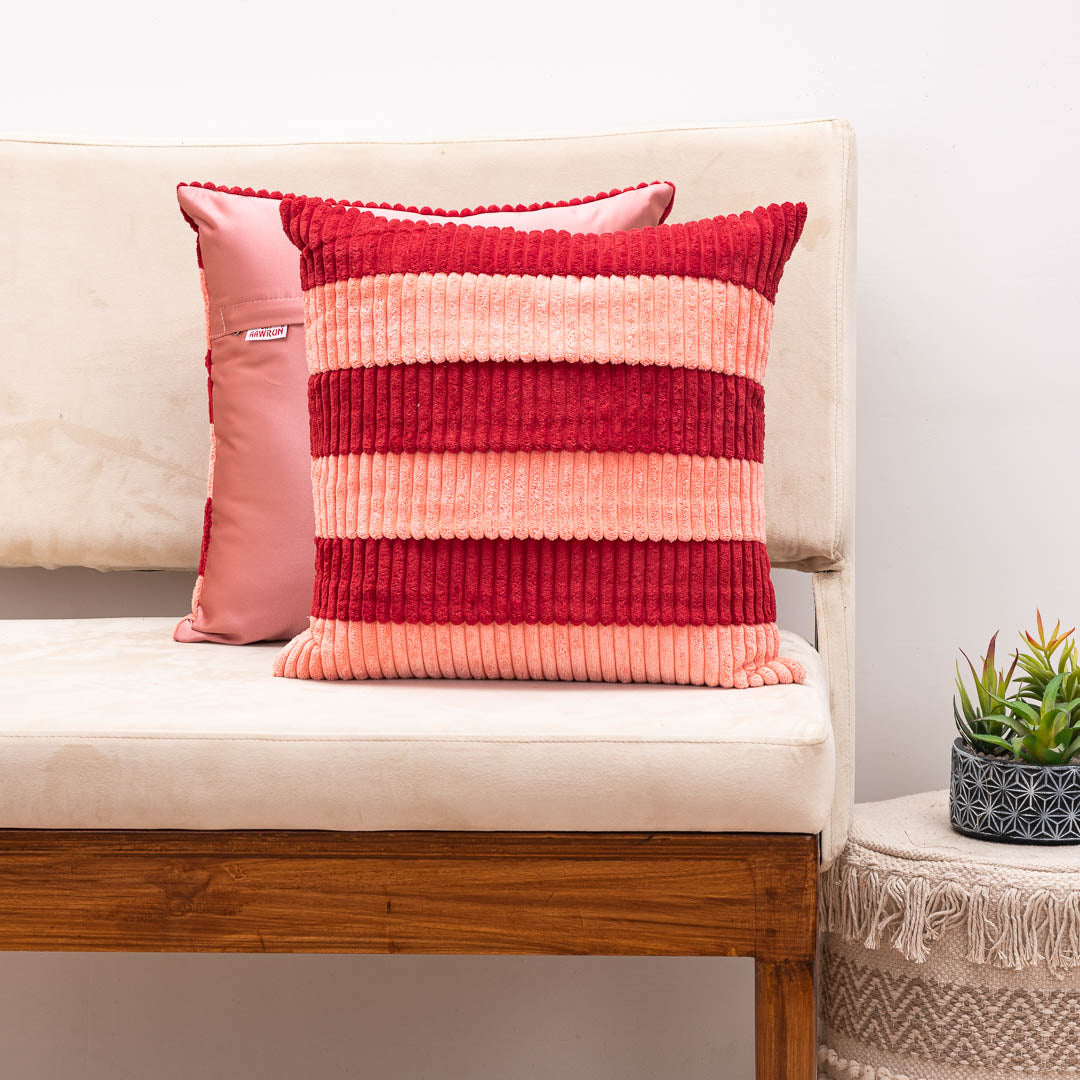 StripeFur Maroon-Peach Fur Velvet Cushion Cover – 16x16 Inch Stylish Home Décor