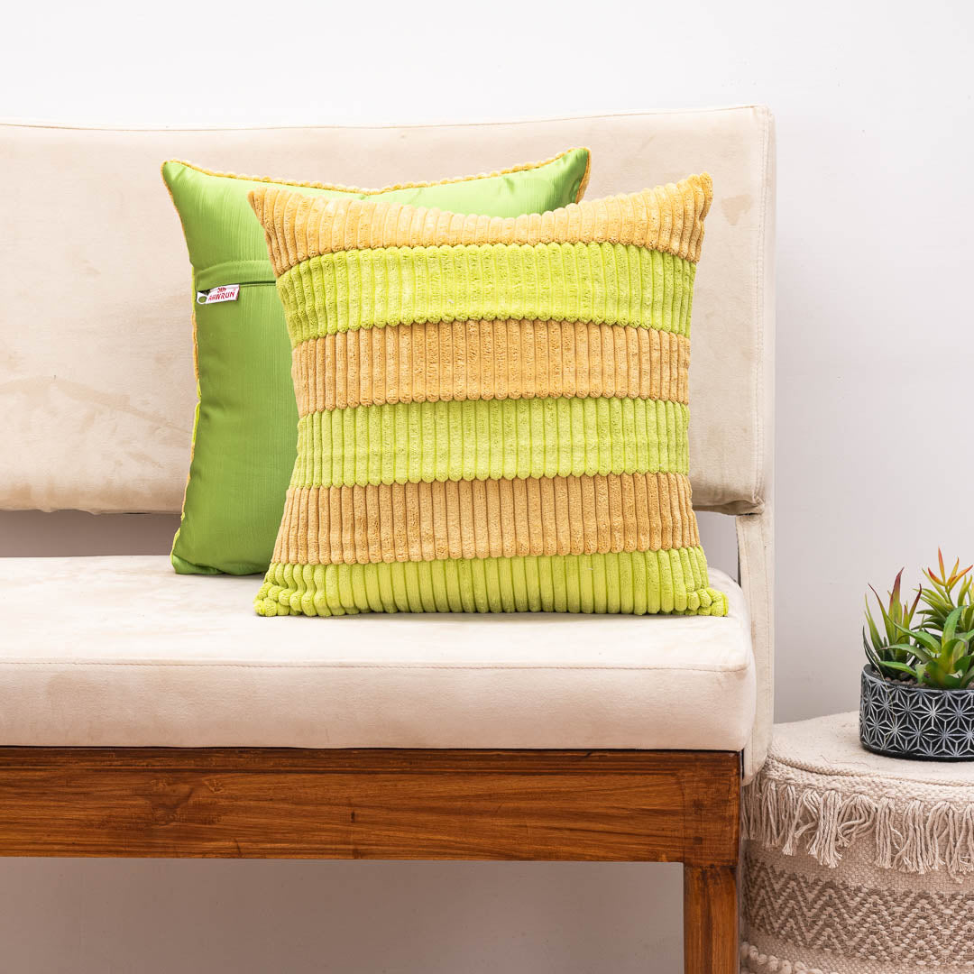 StripeFur Green-Yellow Fur Velvet Cushion Cover – 16x16 Inch Stylish Home Décor
