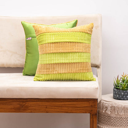 StripeFur Green-Yellow Fur Velvet Cushion Cover – 16x16 Inch Stylish Home Décor