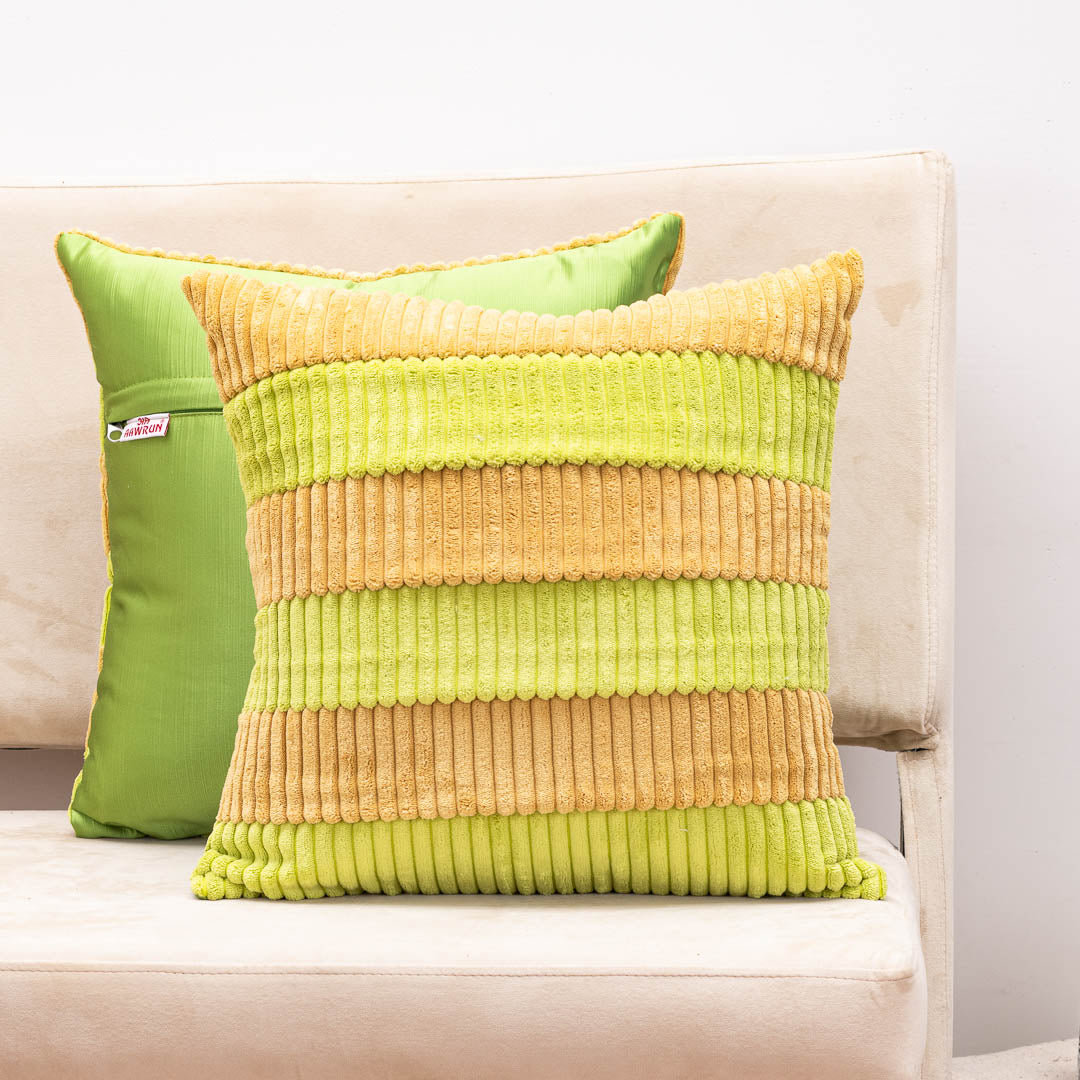 StripeFur Green-Yellow Fur Velvet Cushion Cover – 16x16 Inch Stylish Home Décor