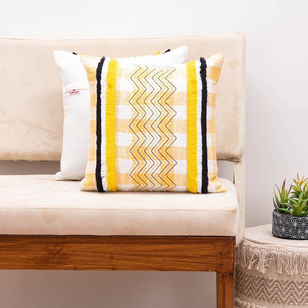 ChevronWeave Yellow Cotton Cushion Cover – 16x16 Inch Stylish Home Décor