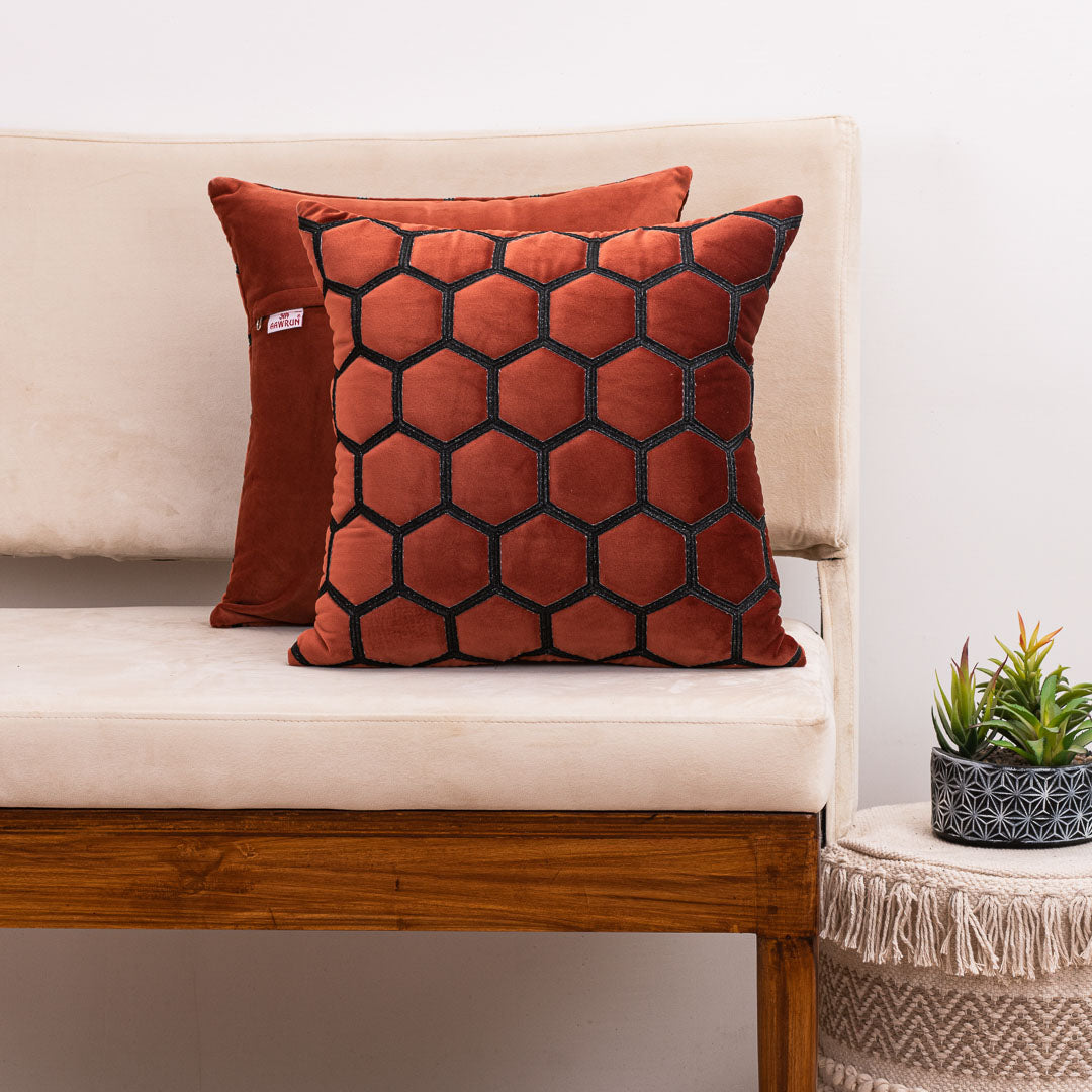 Hexa-Stitch Rust Velvet Cushion Cover – 16x16 Inch Stylish Home Décor