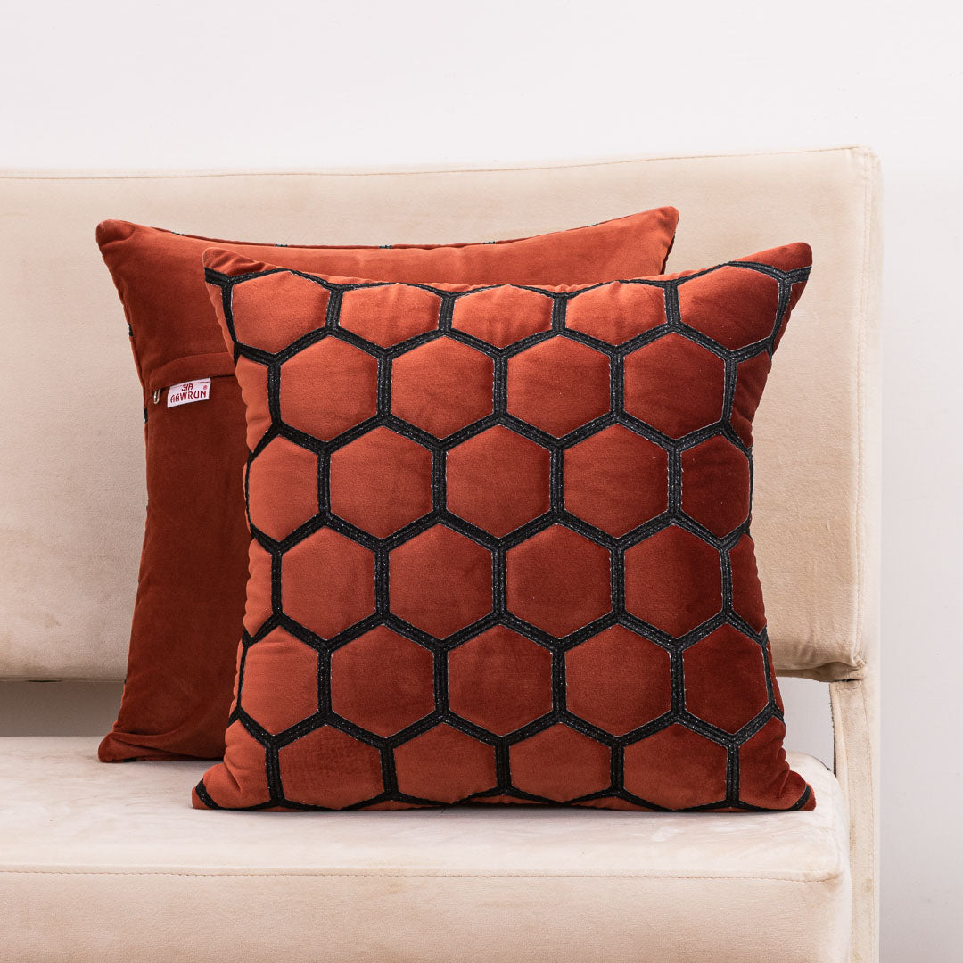 Hexa-Stitch Rust Velvet Cushion Cover – 16x16 Inch Stylish Home Décor