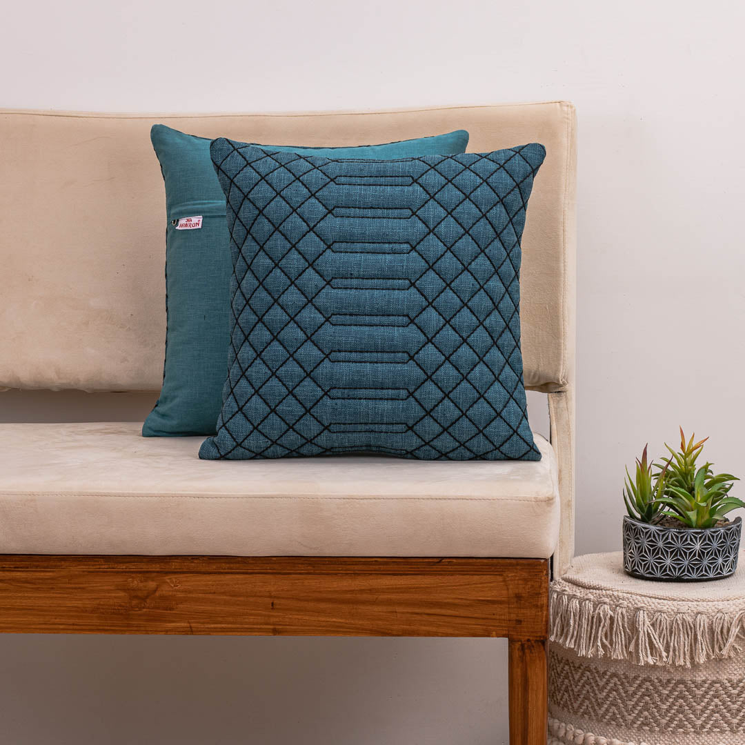 GridWeave Peacock Green Jute Cushion Cover – 16x16 Inch Stylish Home Décor