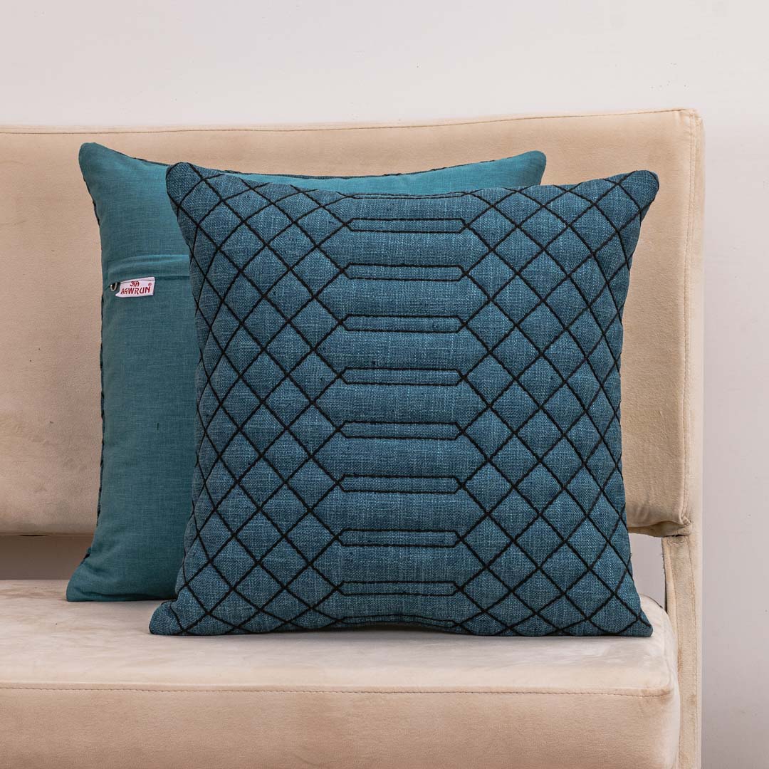 GridWeave Peacock Green Jute Cushion Cover – 16x16 Inch Stylish Home Décor