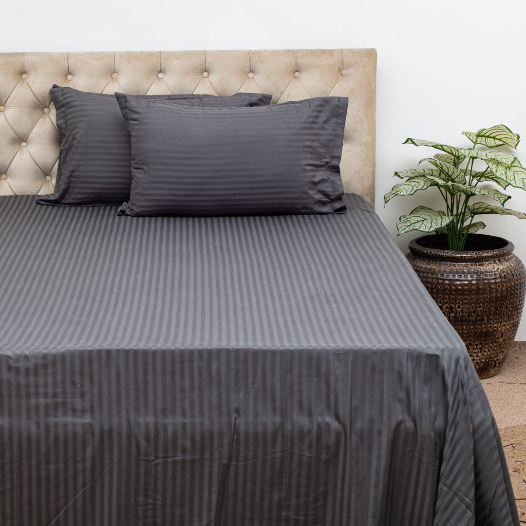 Elegant Dobby Stripe Bed Sheet 2pc Pillow Cover 1pc Bed Sheet- BLACK