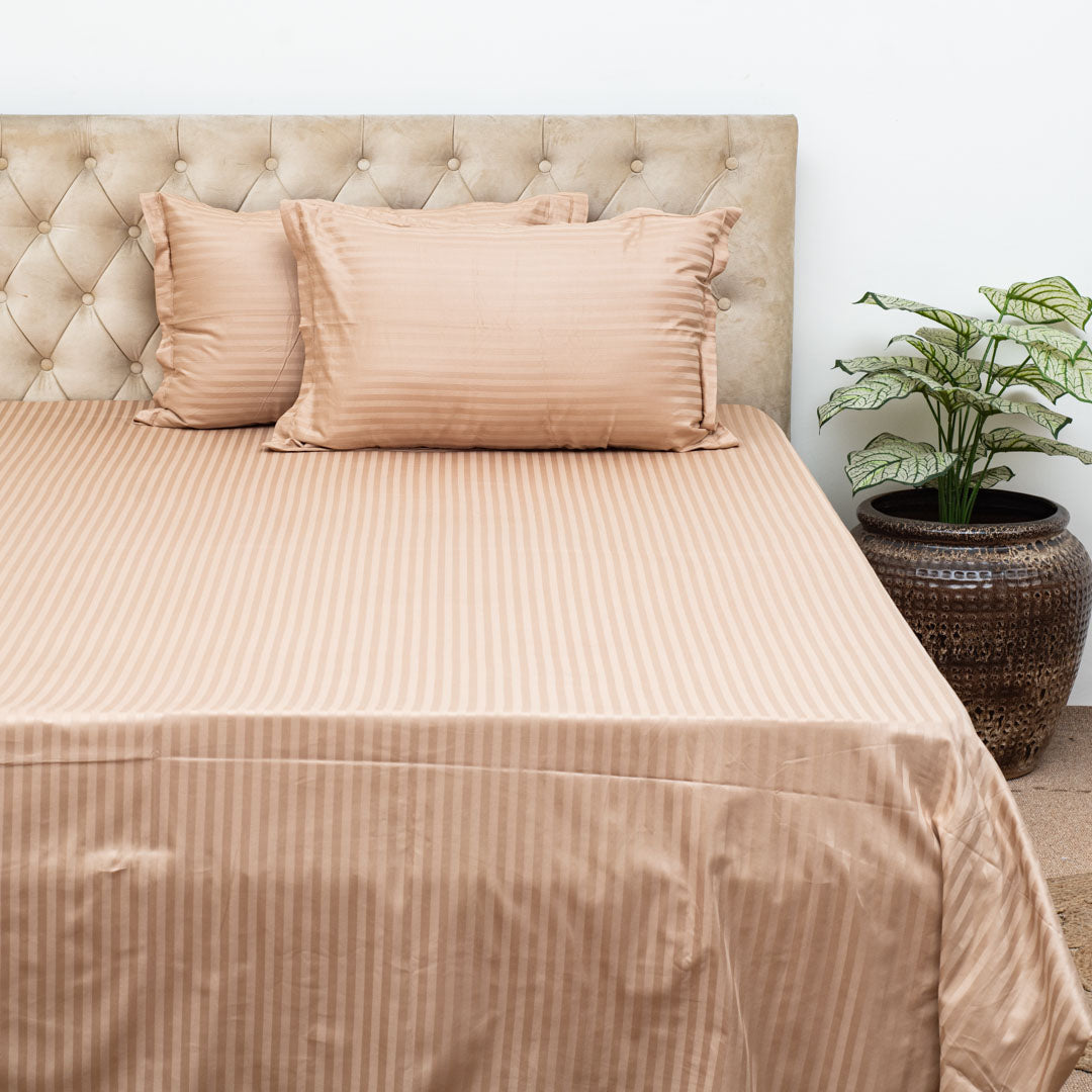 Elegant Dobby Stripe Bed Sheet 2pc Pillow Cover 1pc Bed Sheet- BEIGE