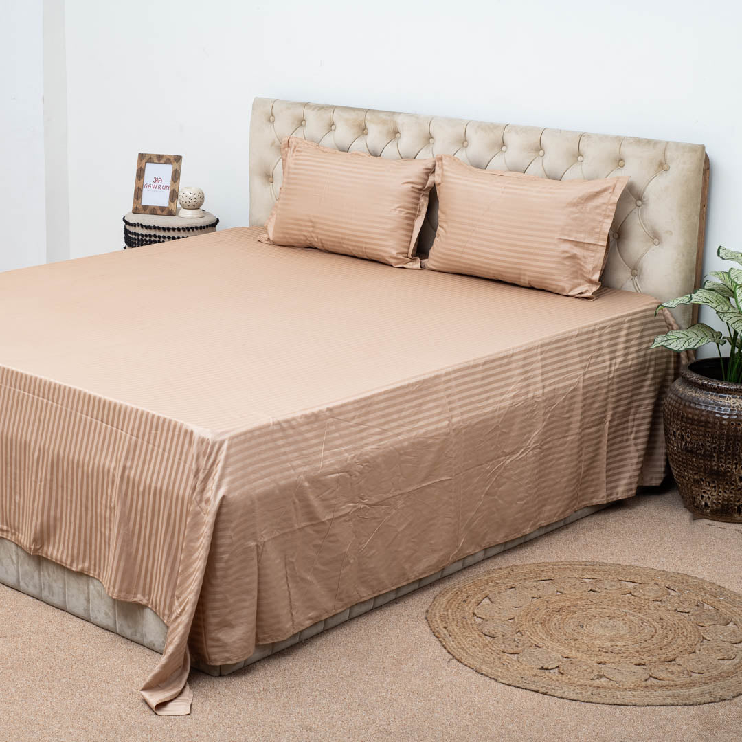 Elegant Dobby Stripe Bed Sheet 2pc Pillow Cover 1pc Bed Sheet- BEIGE