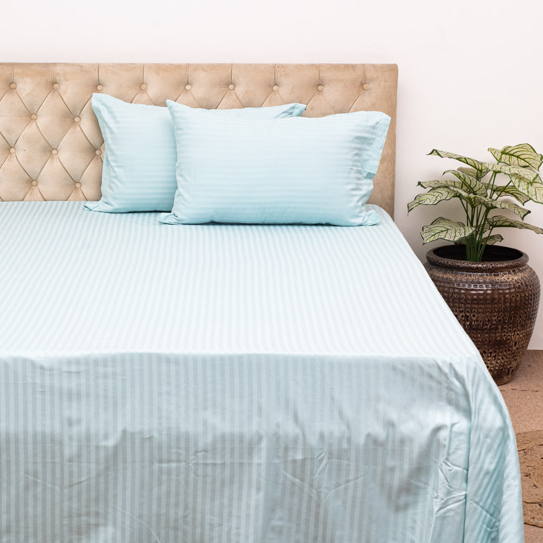 Elegant Dobby Stripe Bed Sheet 2pc Pillow Cover 1pc Bed Sheet- SKY