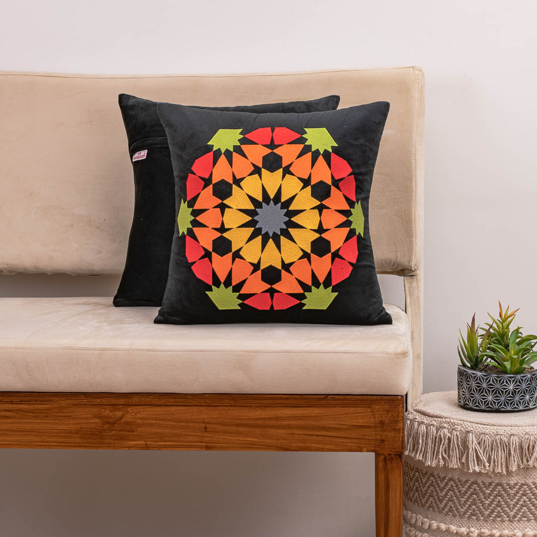 Mandala Bloom Black Velvet Cushion Cover – 16x16 Inch Stylish Home Décor