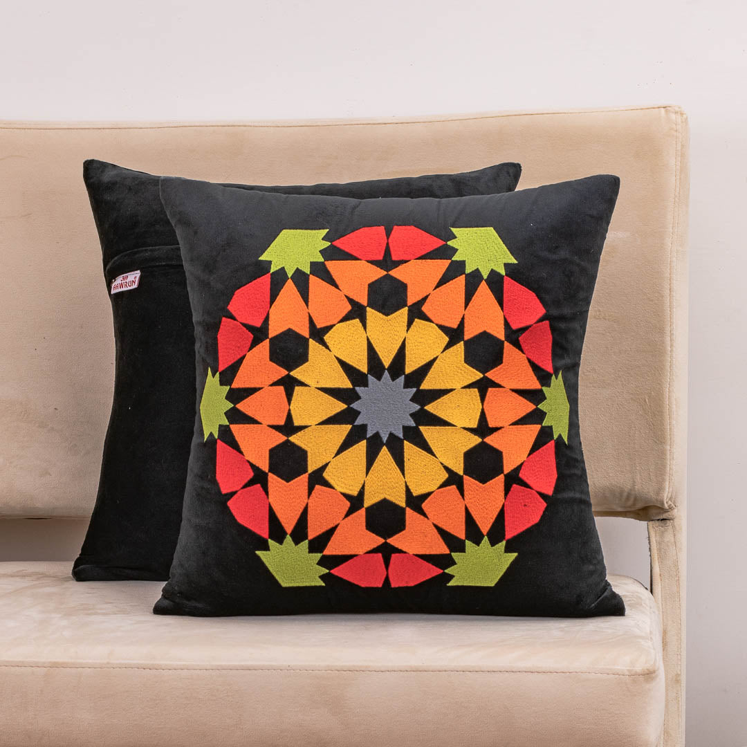Mandala Bloom Black Velvet Cushion Cover – 16x16 Inch Stylish Home Décor