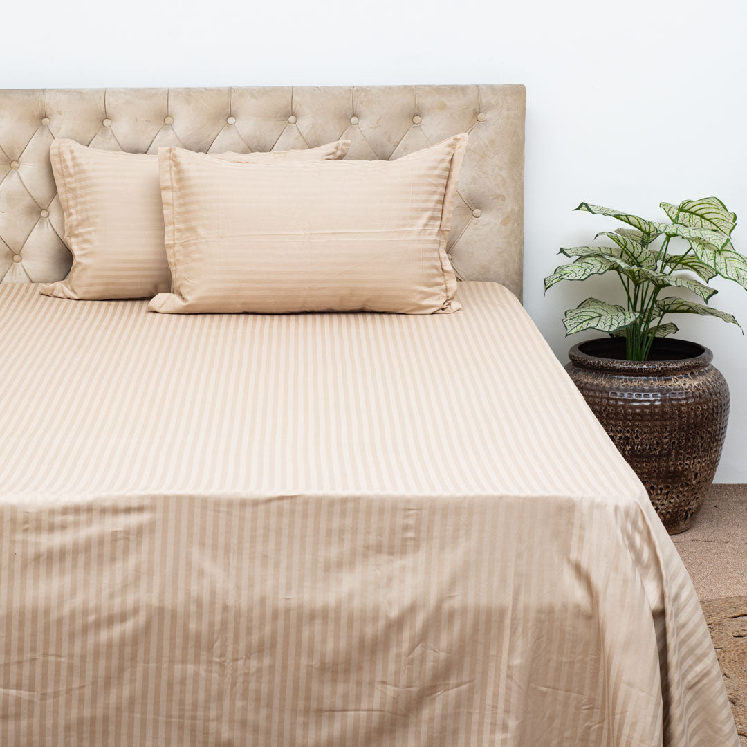 Elegant Dobby Stripe Bed Sheet 2pc Pillow Cover 1pc Bed Sheet- LITE BEIGE