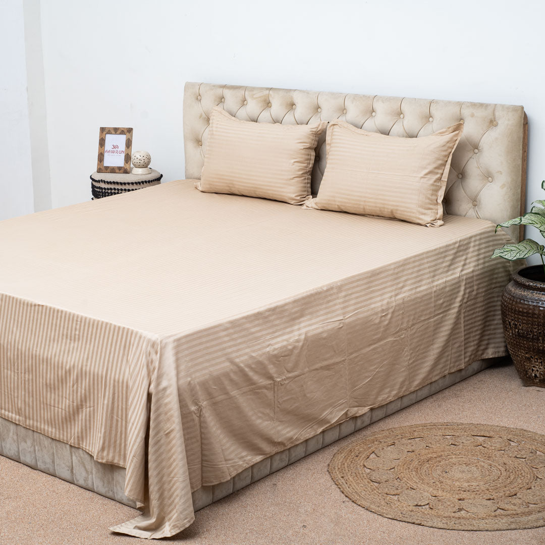 Elegant Dobby Stripe Bed Sheet 2pc Pillow Cover 1pc Bed Sheet- LITE BEIGE