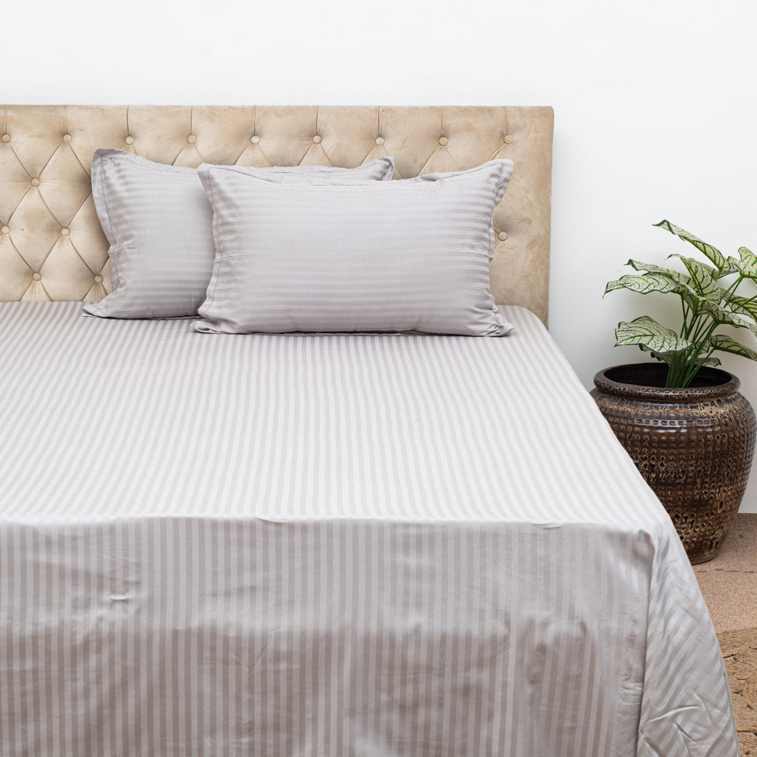 Elegant Dobby Stripe Bed Sheet 2pc Pillow Cover 1pc Bed Sheet- LITE GREY