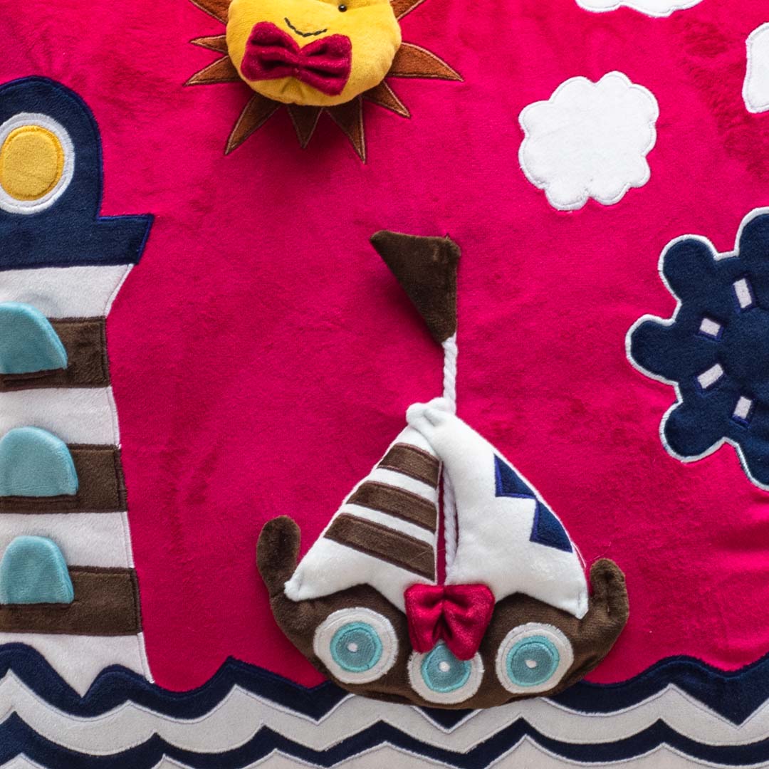 Lighthouse and Boat Seaside-Themed Pink 16X16 Inch Velvet Cushion Cover