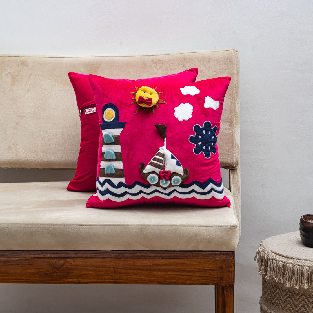 Lighthouse and Boat Seaside-Themed Pink 16X16 Inch Velvet Cushion Cover