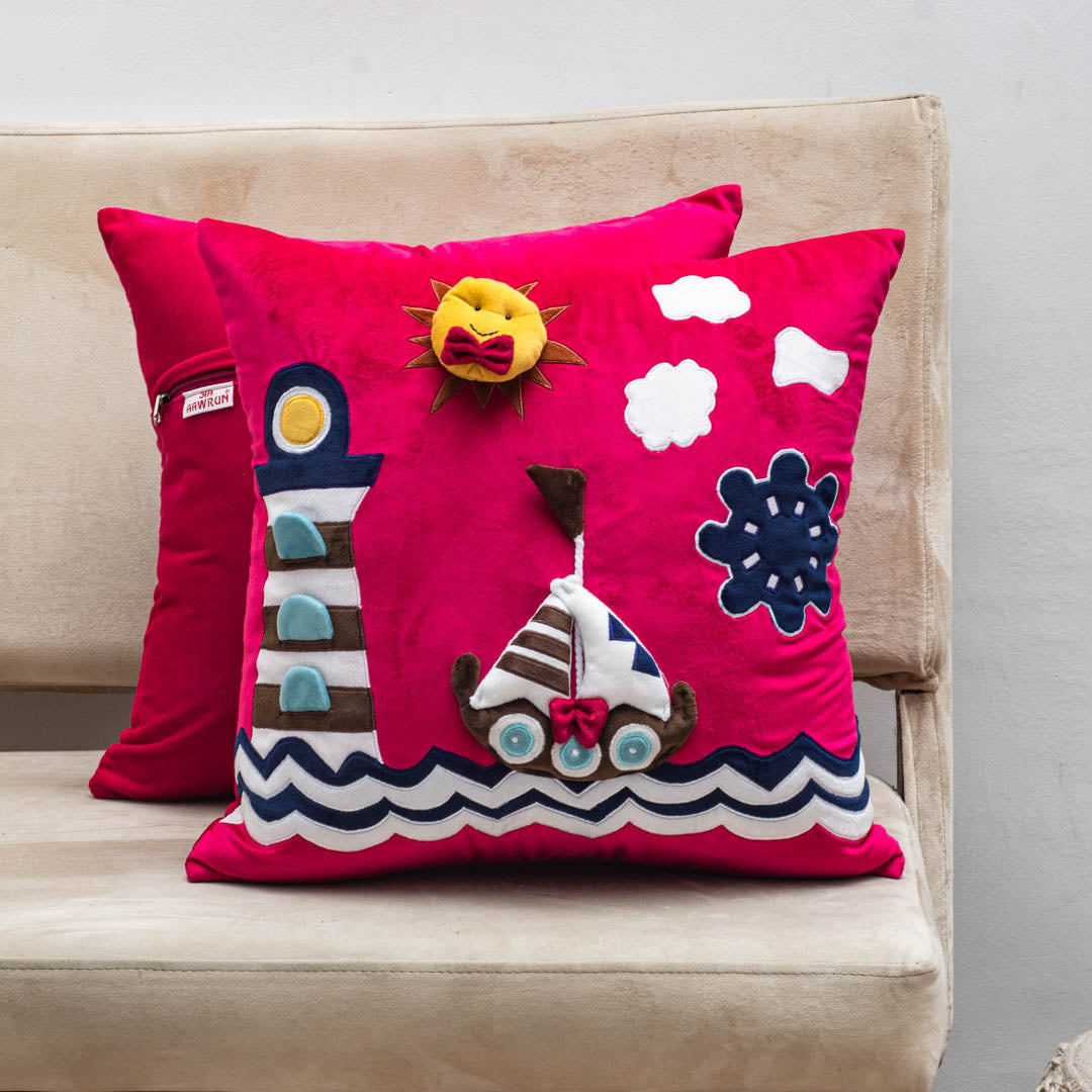 Lighthouse and Boat Seaside-Themed Pink 16X16 Inch Velvet Cushion Cover