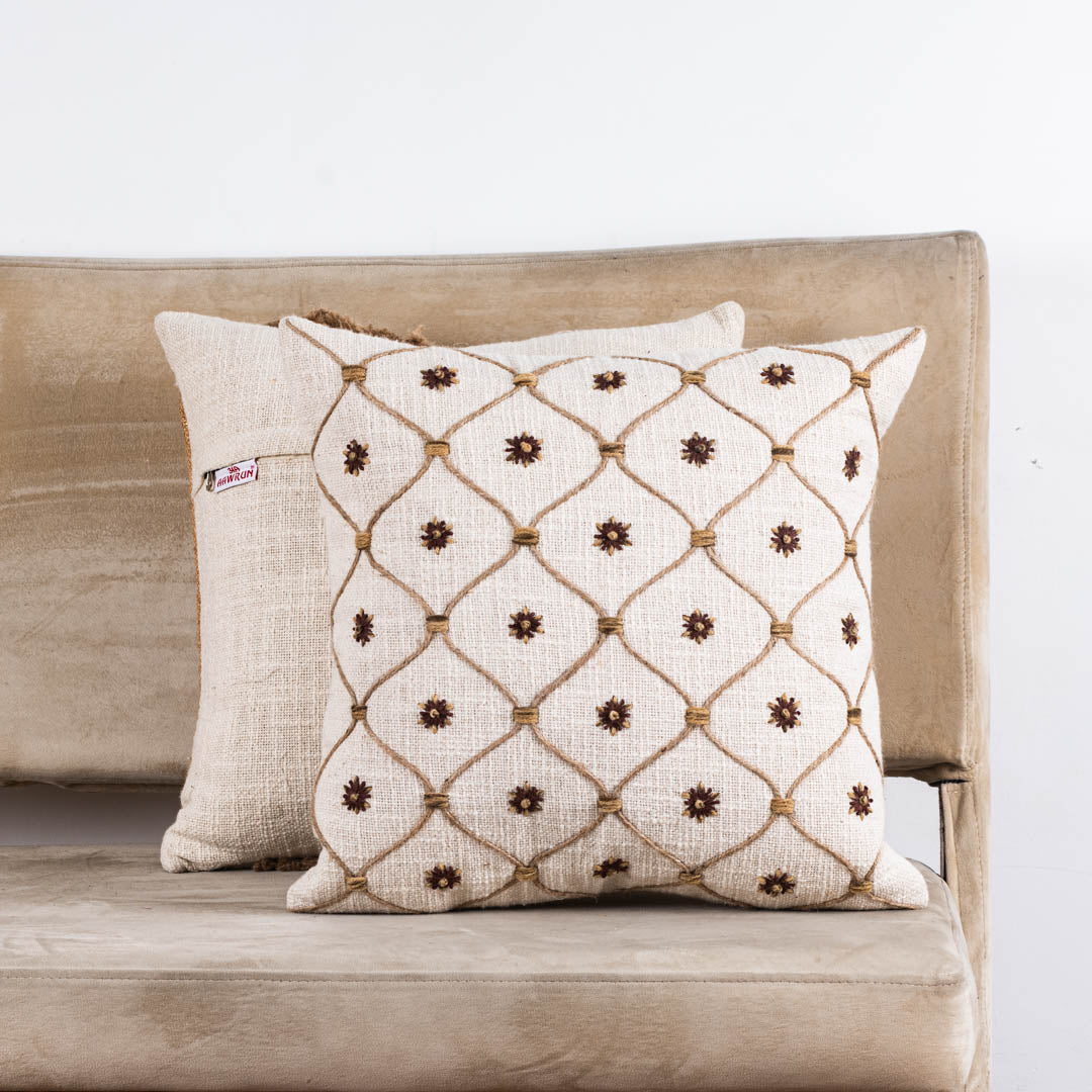 Hand-Embroidered Trellis Pattern Slub Cotton Cushion Cover