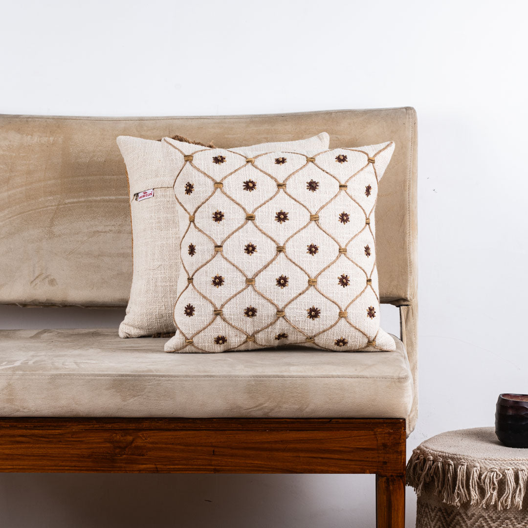 Hand-Embroidered Trellis Pattern Slub Cotton Cushion Cover