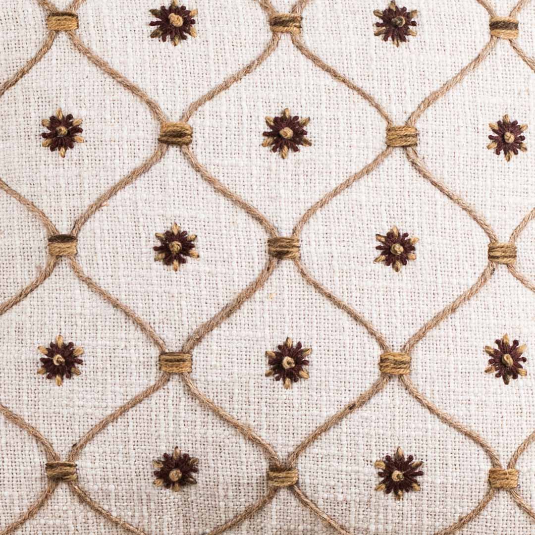 Hand-Embroidered Trellis Pattern Slub Cotton Cushion Cover
