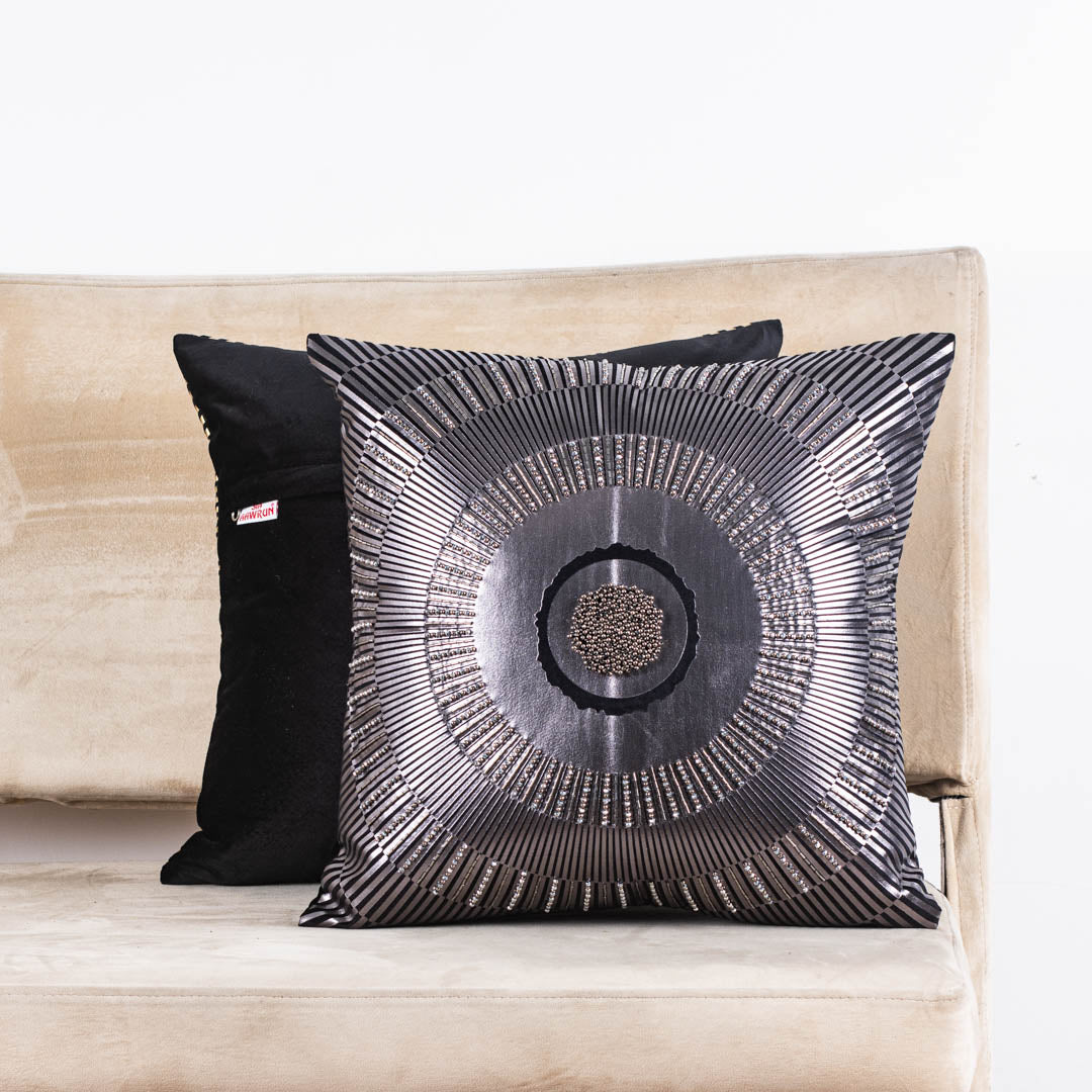 Premium Black Silver Velvet Sunfoil  Handwork Cushion Cover