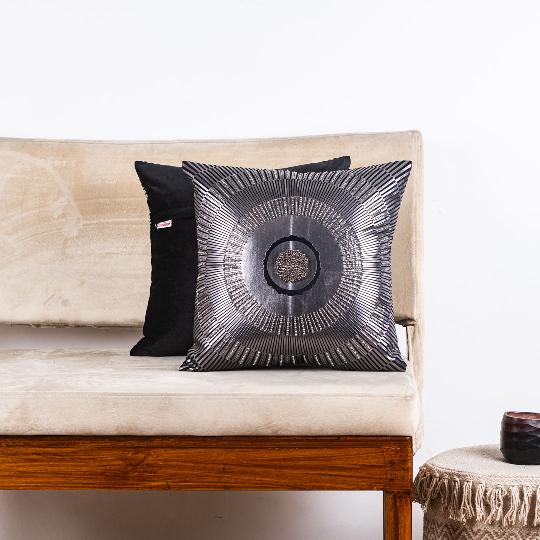 Premium Black Silver Velvet Sunfoil  Handwork Cushion Cover