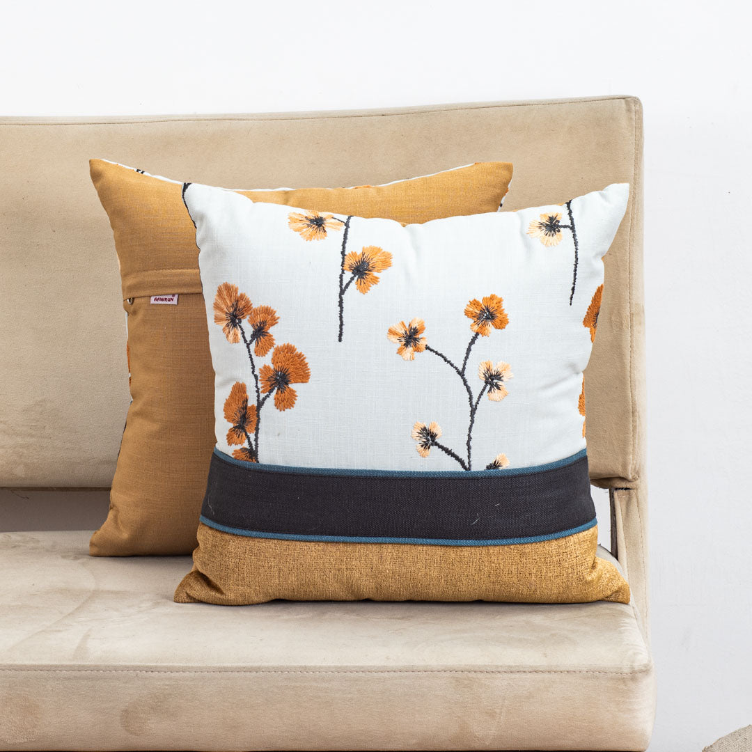 White Cotton 16x16 Cushion Cover with Orange Floral Embroidery