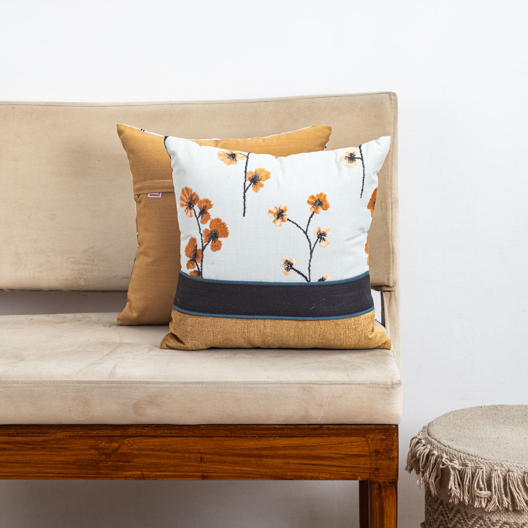 White Cotton 16x16 Cushion Cover with Orange Floral Embroidery
