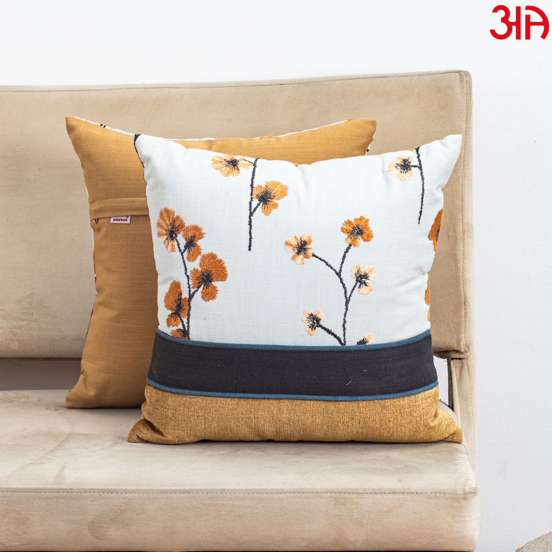 White Cotton 16x16 Cushion Cover with Orange Floral Embroidery