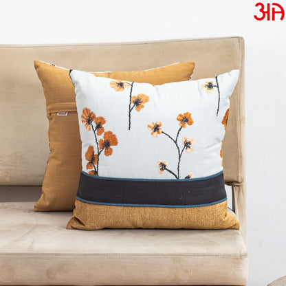 White Cotton 16x16 Cushion Cover with Orange Floral Embroidery