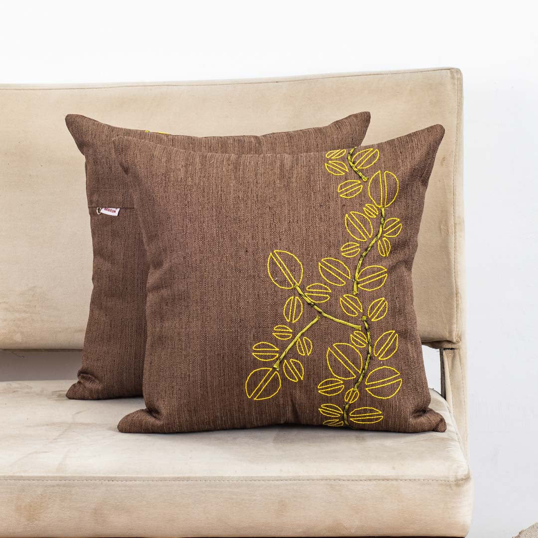 Brown Polyester Cotton 16x16 Cushion Cover with Yellow Leaf Embroidery