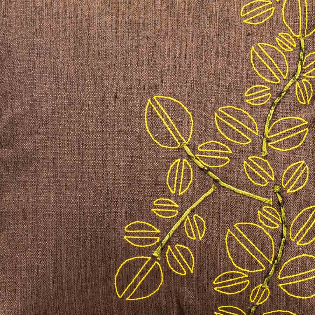 Brown Polyester Cotton 16x16 Cushion Cover with Yellow Leaf Embroidery